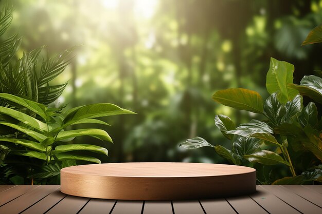 Бесплатная фотография деревянная дисплей продукта подиум с размытым природой листья фона генеративный ai