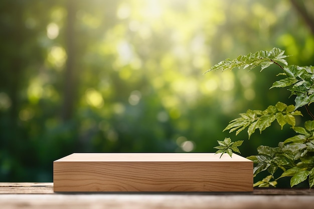 Free photo wooden product display podium with blurred nature leaves background generative ai