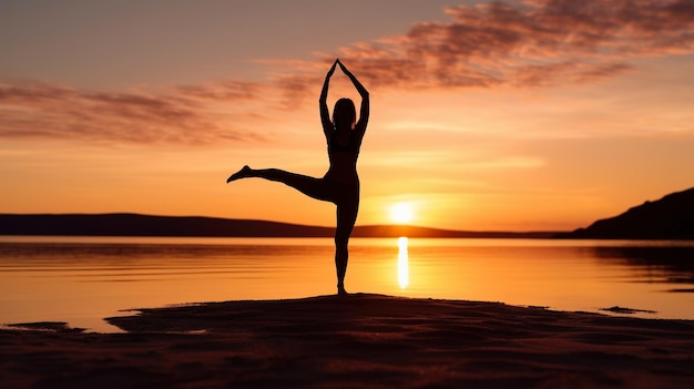 Free photo yoga tree pose on the beach with sunset