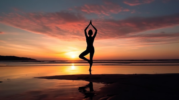 Free photo yoga tree pose on the beach with sunset