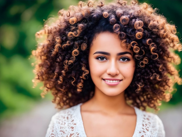Free photo young adult girl portrait with brown curly hairs