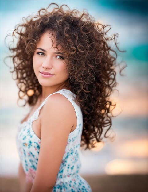 Free photo young adult girl portrait with brown curly hairs