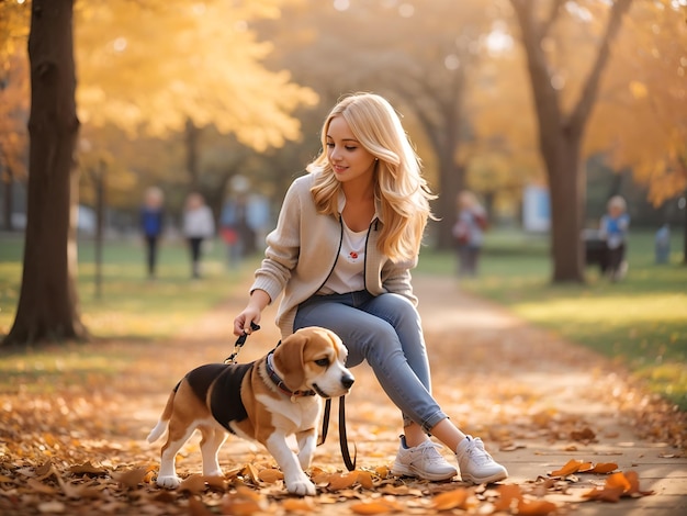 公園でビーグル犬と遊んで歩いている若い美しいブロンドの女の子の無料写真