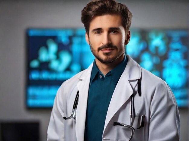 Photo free photo young handsome physician in a medical robe with stethoscope