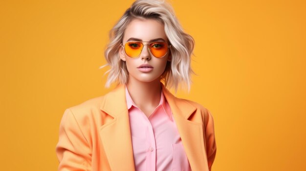 Free photo a young woman in trendy stylish glasses and a bright orange oversized jacket on a pink