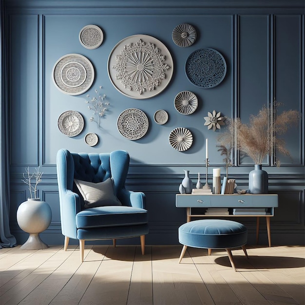 Бесплатный фотоголубой кресло на синей стене в интерьере гостиной элегантный дизайн интерьера