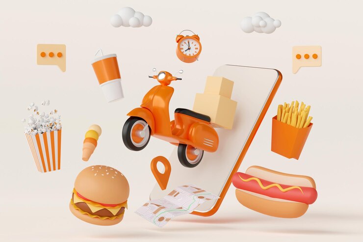 Photo free picture of food delivery application online on mobile 3d illustration