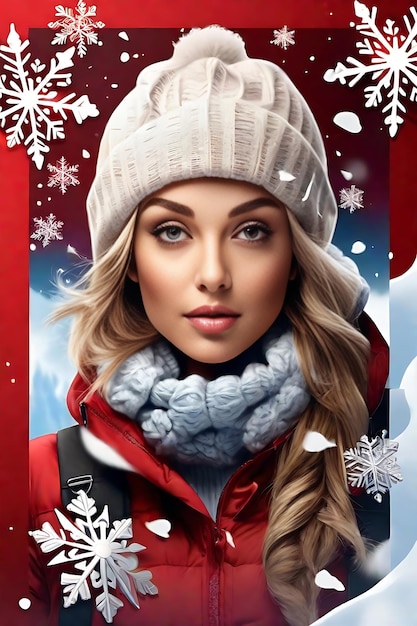 Бесплатный PSD шаблон вертикального плаката для зимней распродажи с женщиной и снежинками