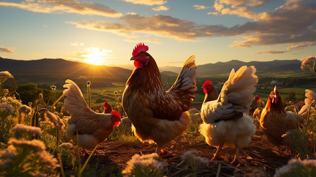 Free Range Chickens at Golden Hour Enjoying the Afternoon