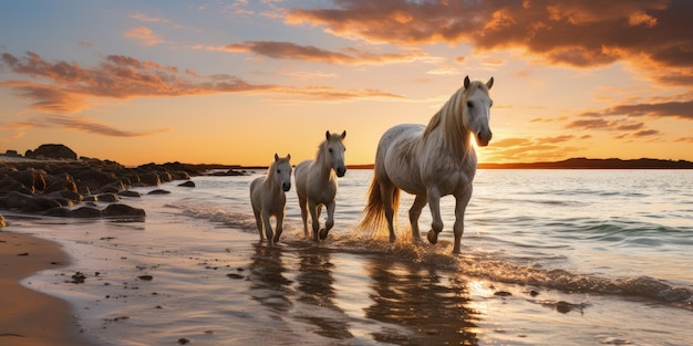 Free Roaming Horses With Little Ones At Early Morning Sunrise Generative AI