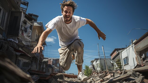 Photo free runnig man jumps through between two building