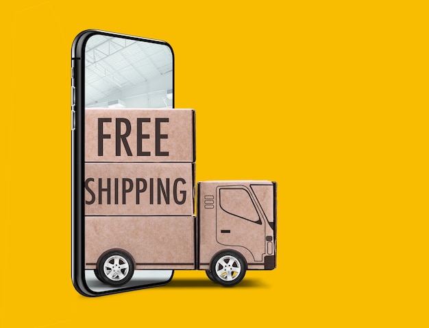 free shipping written on a wood trailer coming out of a smartphone on yellow background