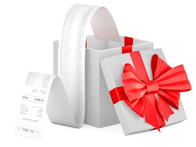 Free Shopping concept Printed receipt inside gift box 3D rendering