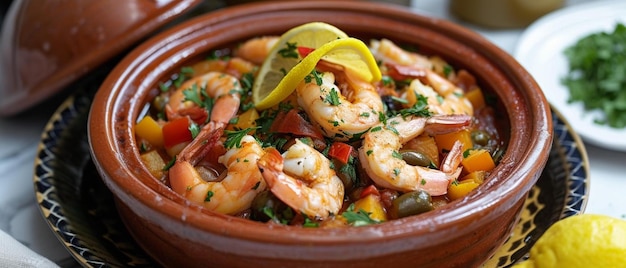 Photo free shrimp and vegetable tagine with preserved lemonmoro cusine photo for commercial use