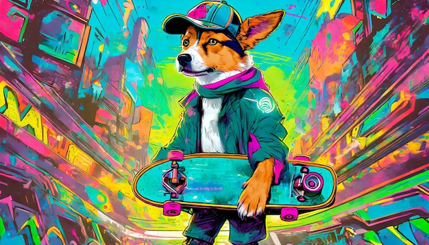 Free skater dog illustration with cap and background with vibrant colors