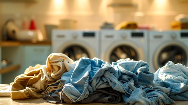 free space on the left corner for title banner realistic photo image of dirty laundry piled up