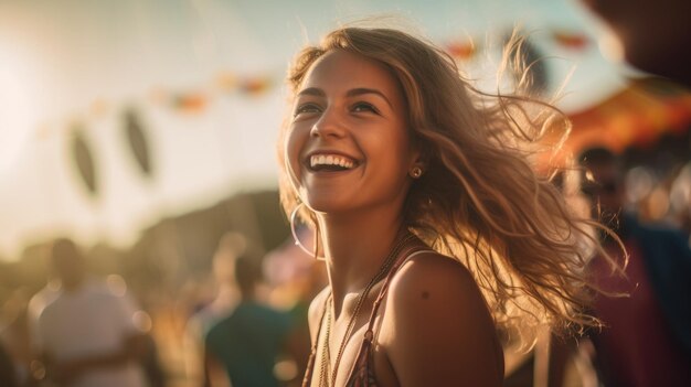 A free spirit happy woman at a music event fair amusement park or festival shallow depth of field