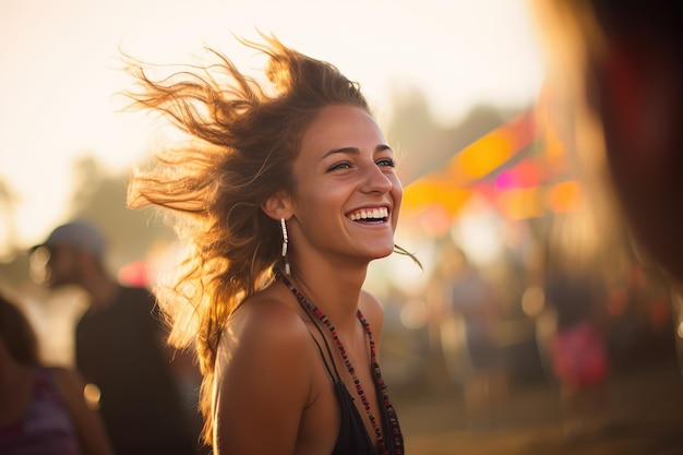 A free spirit happy woman at a music event fair amusement