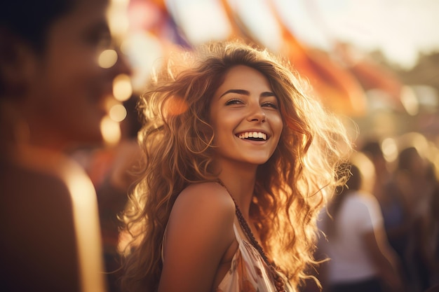 A free spirit happy woman at a music event fair amusement