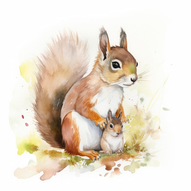 Free squirrel mother with squirrel child water color pastel white background generat ai