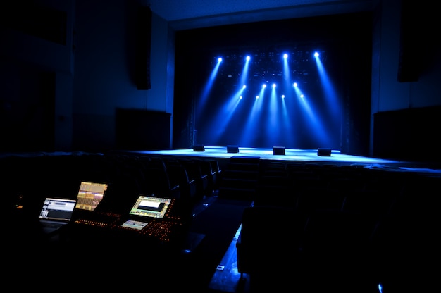Free stage with lights, lighting devices. Background.