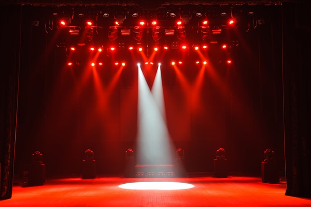 Free stage with lights, lighting devices. Night show.