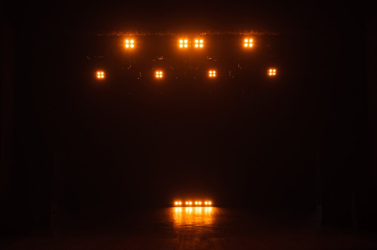 Photo free stage with lights, lighting devices. night show.