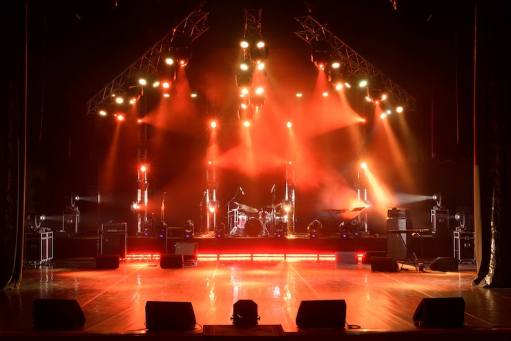 Photo free stage with lights, lighting devices.