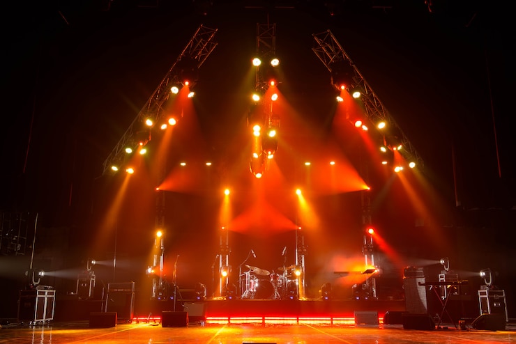 Photo free stage with lights, lighting devices.