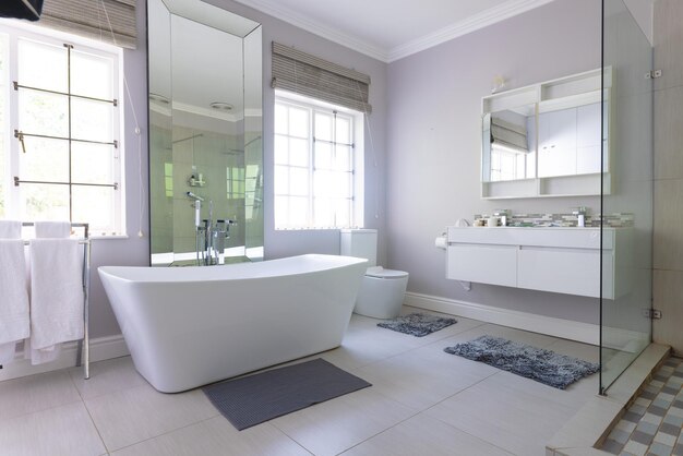 Free standing bath in luxury modern bathroom at home, with copy space. interior design, comfort and domestic life concept