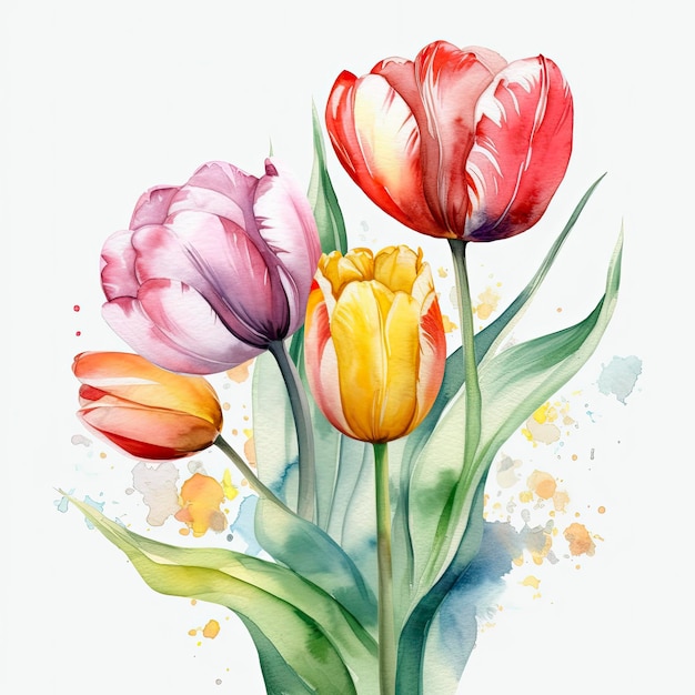 Free tulips flowers water color pastel white background generat ai