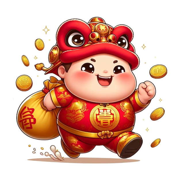 Free vector cute little boy running with gold coins wearing Chinese New Year clothes