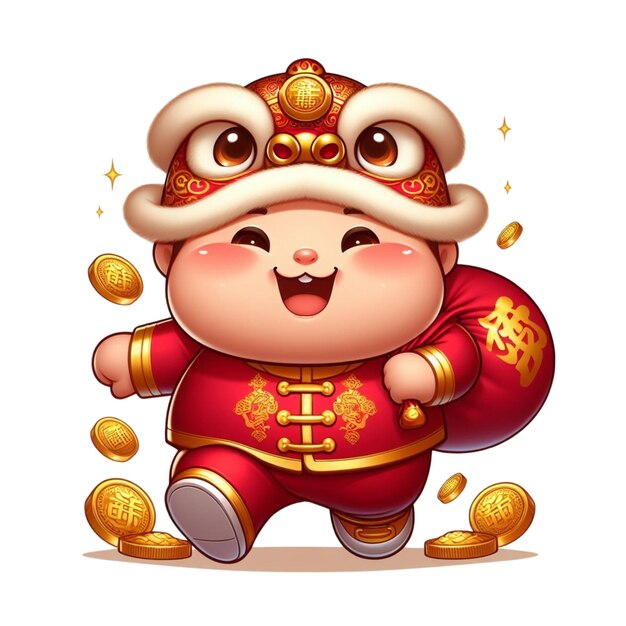 Free vector cute little boy running with gold coins wearing Chinese New Year clothes