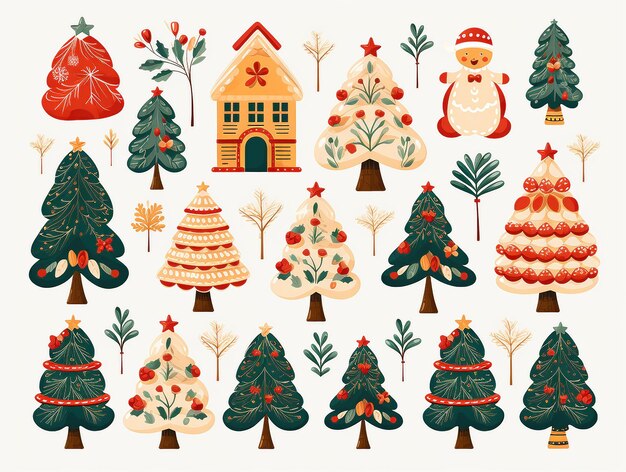 Photo free vector flat design of christmas element collection white background trees houses lollipops