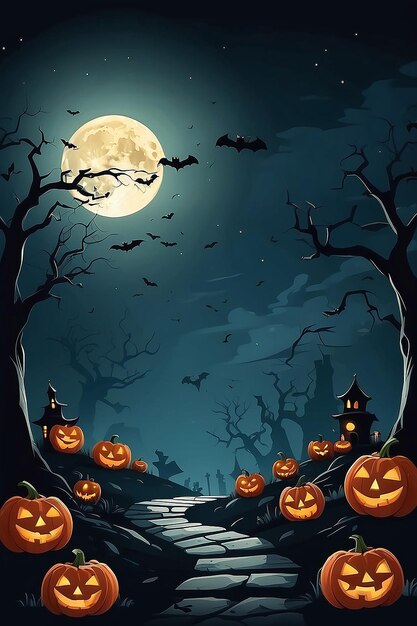 Free vector of Halloween night moon composition with glowing spooky pumpkins