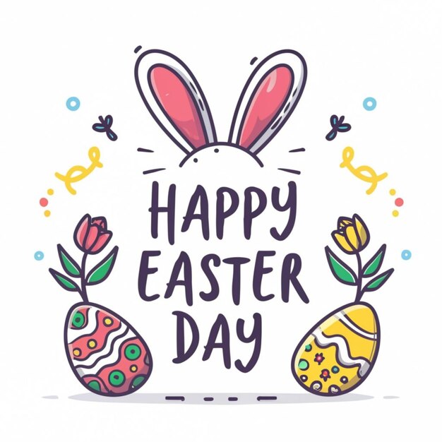 Photo free vector happy easter day with hand drawn design and cute easter bunny flaming color on white