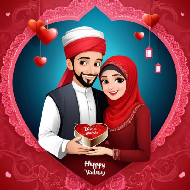 Free vector happy valentine day with girl and boy cultural muslim festival wishes celebration card v