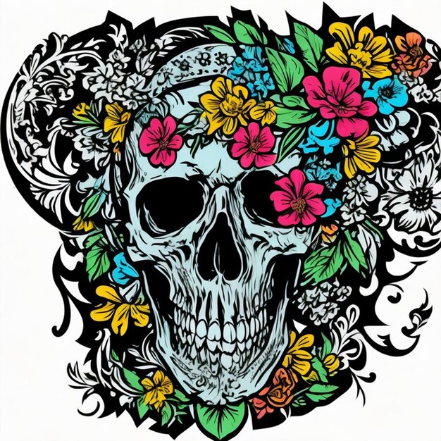 Free vector illustration of skull and flowers on tshirt