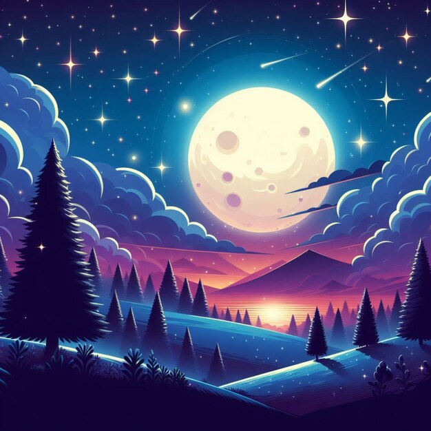 Free vector night ocean landscape full moon and stars shine