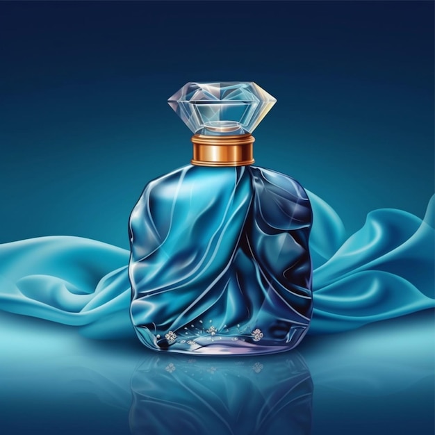 Стеклянная бутылка с свободными векторными парфюмами на синей шелковой складной ткани