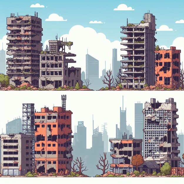 Free vector postapocalypse city cartoon with empty destroyed living buildings illustration