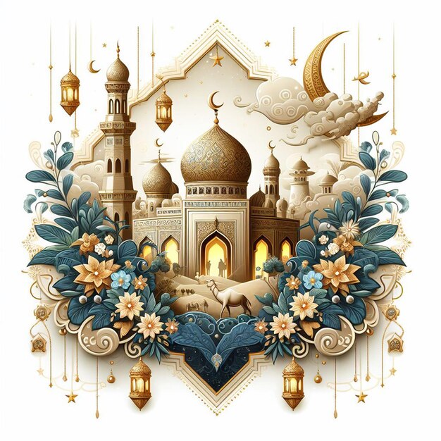 Free vector ramadan kareem islamic moon and mosque hanging lamps card design Related tags eid mubara