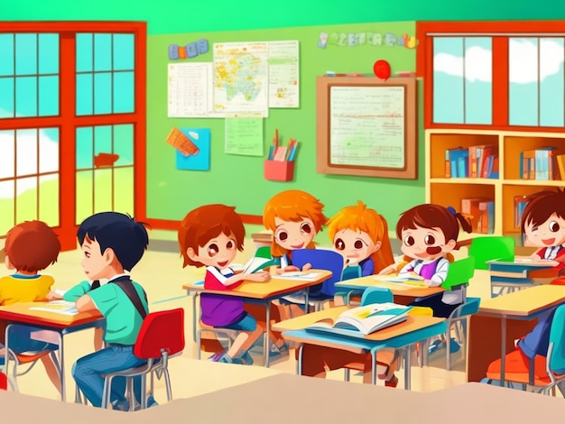 Free vector scene with many kids studying in the classroom