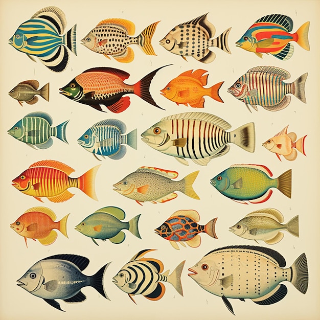 Бесплатный векторный винтажный рисунок рыбы векторный цветный набор иллюстраций морских животных