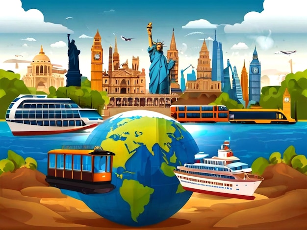 Free vector world tourism day background with landmarks and transport
