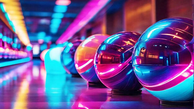 Photo free vibrant neonlit bowling balls on a polished lane at a modern bowling alley