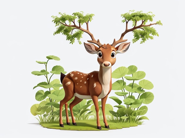 Бесплатный причудливый очаровательный олень и детский мультфильм в зелени Генеративный ИИ