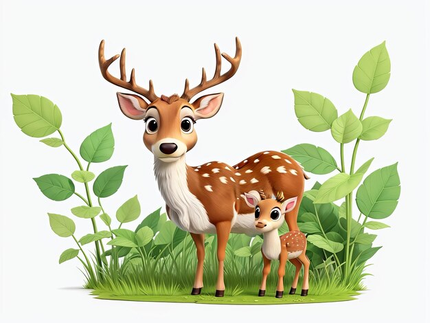 Free Whimsical Adorable Deer and Baby Cartoon in Greenery Generative AI