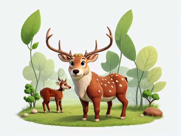 Free Whimsical Adorable Deer and Baby Cartoon in Greenery Generative AI