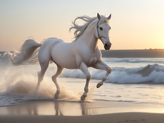 Free white horse image running on the beach